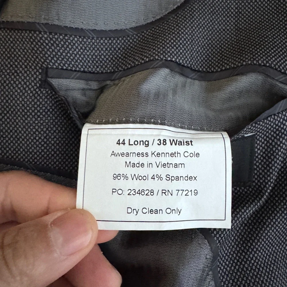 Awearness Kenneth Cole Suit Mens 44L 38W Grey Slim Fit Wool Blend Two Button - Picture 6 of 7